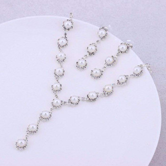 Simulated Pearl Wedding Jewelry Set With Silver Color Necklace & Earrings Gorgeous Crystal Bridal Accessories