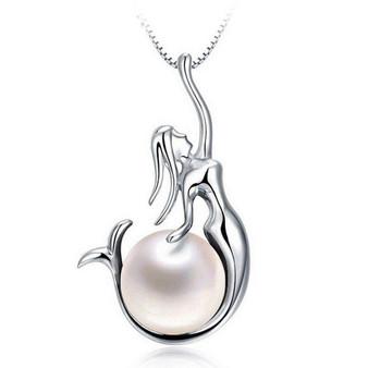 Sterling Silver White Natural Freshwater Pearl with Mermaid Pendant Necklace