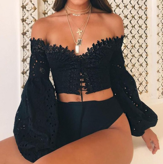 Off Shoulder Lace Panel Puff Sleeve Crop Blouse