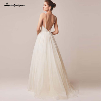 Sexy Spaghetti Straps Tulle Wedding Dress Vestido De Novia Sleeveless V-neck Backless Bride Dresses Robe De Mariage