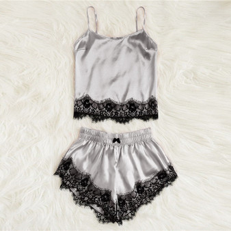 Sexy Silver Scallop Lace Trim Satin Cami Top and Shorts Solid Pajama Set