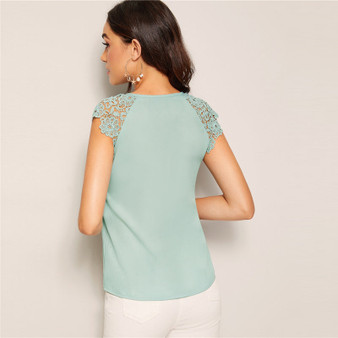 Notched Neck Guipure Lace Cap Sleeve