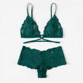 Green Sexy Floral Lace Lingerie Set Back Closure Bra and Briefs Underwear