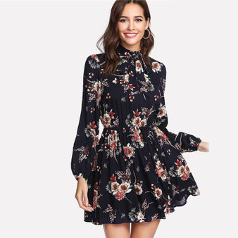 Floral Dresses Multicolor Chic High Waist Dress