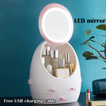 USB Rechargeable Makeup Organizer Cosmetic Storage Box Portable Jewelry Container Dust proof Drawer Waterproof Mirror LED Light