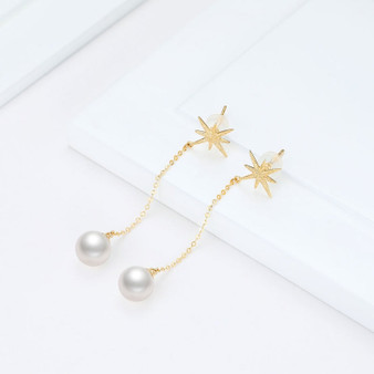 18K Natural Freshwater White Pearl Drop Earrings