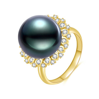 18K Solid Gold Natural 0.462ct Diamond (G-H, SI1-SI2) Tahitian Black Pearl 13mm Ring