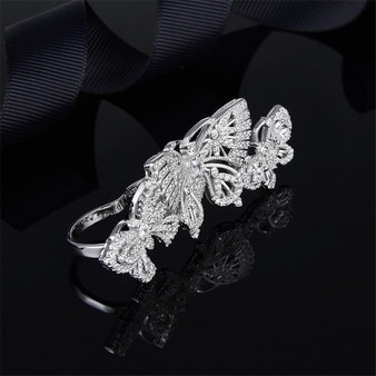 S925 Sterling Silver Created Diamond Three Finger Ring Butterfly Ring