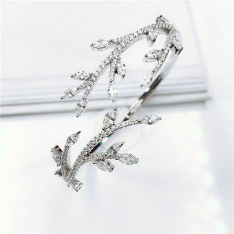 Dainty Sterling Silver Leaf Opening Bangle Created Diamond Bracelet