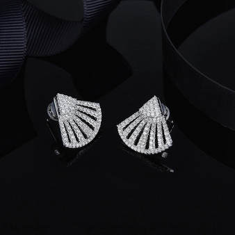 Fan Shaped Sterling Silver White Created Diamond Stud Earrings