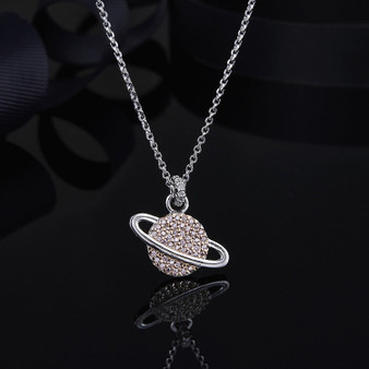Dainty Pink Star Planet With Created Diamond Sterling Silver Necklace