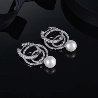 Pearl Sterling Silver Created White Diamond Drop Earrings