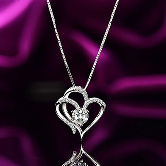 Double Heart Pendant Sterling Silver Created White Diamond Necklace
