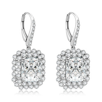 Halo Sterling Silver Created White Diamond Leverback Drop Earring