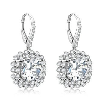 Cushion Cut Halo Sterling Silver Created White Diamond Leverback Drop Earring