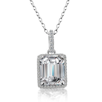 925 Sterling Silver Emerald Cut Created White Diamond Pendant Necklace