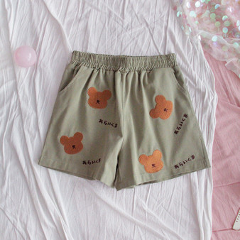 Japanese cute bear embroidery elastic waist hot pants