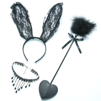 Feather Flirting Stick Lace Rabbit Ears Headband Clavicle Chain Collar Set