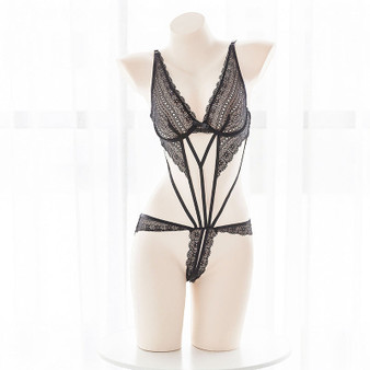 Sexy black lace perspective jumpsuit cutout straps bondage sexy three-point underwear open file underwear