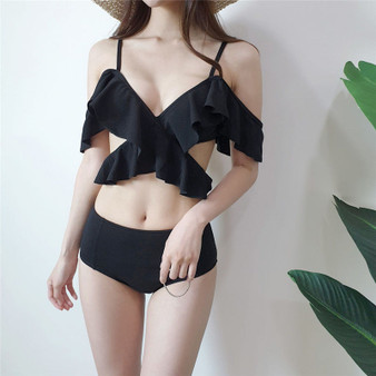 Kawaii Ruffle-Ruffled V-neck cross high waist bikini swimsuit