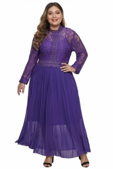 High Neck Long Sleeve Lace Top Plus Size Maxi Dress