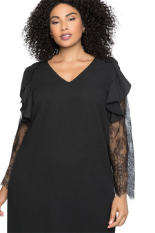 Ruffle Trim Lace Sleeve Plus Size Shift Dress