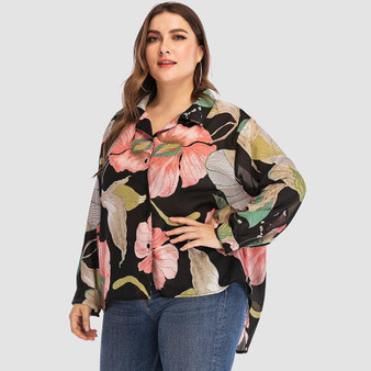 Turn Down Collar Long Sleeve Floral Print Blouse