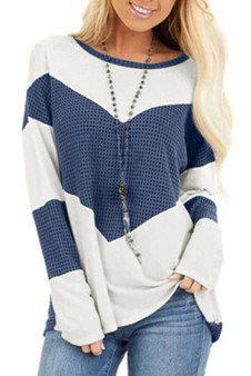 Blue Accent Waffle Knit Long Sleeve Top