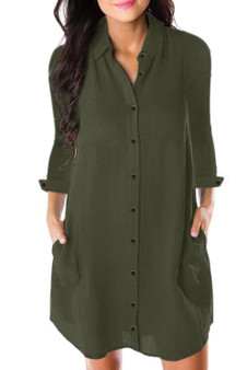 Army Green Long Sleeve Button Down Crepe Shirt Dress