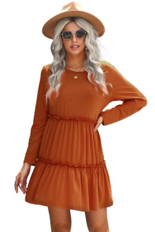 Orange Long Sleeve Ruffled Solid Swing Mini Dress