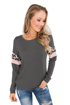 Gray Long Sleeve Leopard Stripes Pocket Blouse