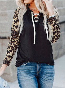 Lace Up Neck Leopard Long Sleeves Top