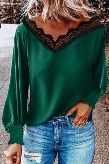 V Neck Lace Patchwork Green Blouse