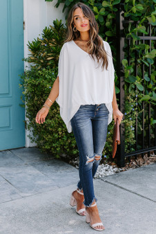 White Draped Dolman Sleeves V Neck Blouse