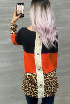 Orange Colorblock Leopard Triple Patchwork Long Sleeve Top