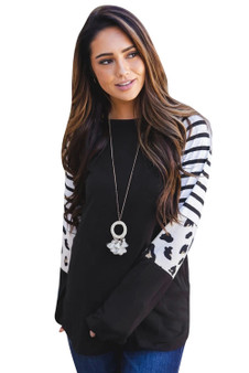 Black Striped Animal Print Colorblock Long Sleeve Top