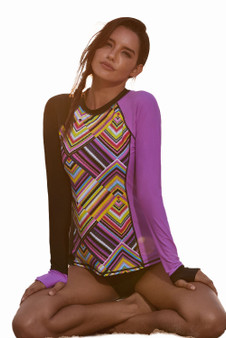 Purplish Print Asymmetric Long Sleeve Rashguard Top