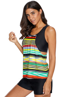 Tie Dye Striped Overlay Racerback Tankini Top