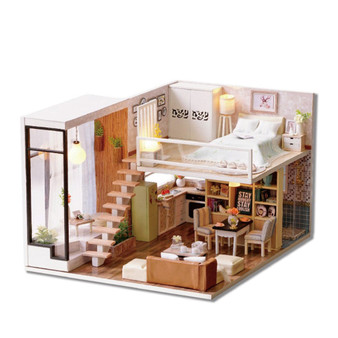 Dollhouse Miniature DIY House Kit Educational Handmade Assembly Model Creative Room With Furniture (Waiting For The Time)