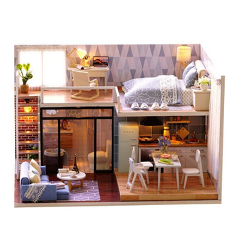 Dollhouse Miniature DIY House Kit Educational Handmade Assembly Model Creative Room With Furniture (Pale Blue Story)
