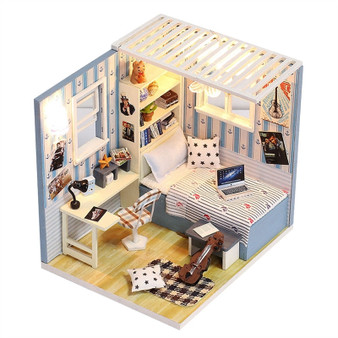 Dollhouse Miniature DIY House Kit Educational Handmade Assembly Model Creative Room With Furniture (Blue)