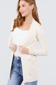 Long Sleeve Rib Banded Open Sweater Cardigan W/pockets