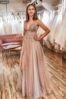 champagne v neck tulle long prom dress champagne tulle formal dress B365