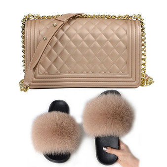 SIZE 9- Fluffy Fur Slippers & Jelly Crossbody Bag Set