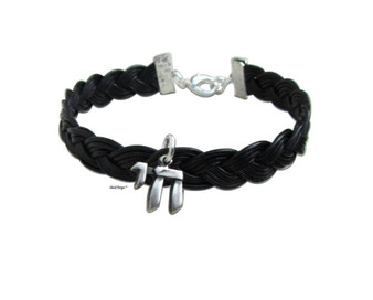 Silver Chai Black Leather Men Bracelet Jewish Jewelry