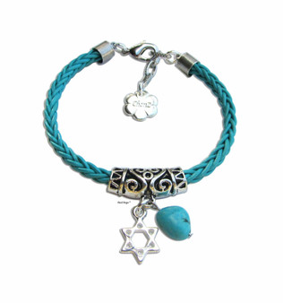 Silver Star Of David Turquoise Stone & Leather Bracelet