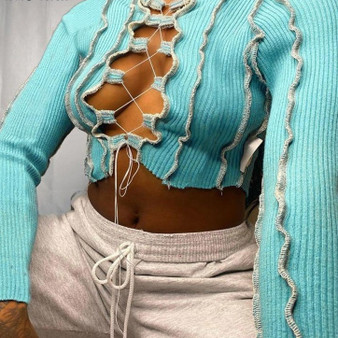 Lace Up Patchwork Long Sleeve