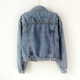 New Fashion Full Sleeve Loose Button Pearls Short Length Women’s Denim Jacket