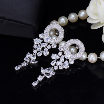 STYLISH Silver Color Beautiful Long Dangle Drop Multicoloured CZ Earrings for Women
