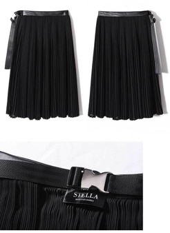 Women's Korean Style Black Pleated Leather Belt Adjustable Chiffon Skirts